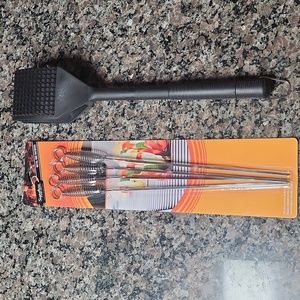 Metal BBQ Skewers new 4 pack w/Dual Deluxe Grill Brush new